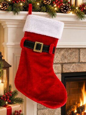 Santa Belt Buckle Christmas Stocking Faux Fur Trim Red White Holiday Décor